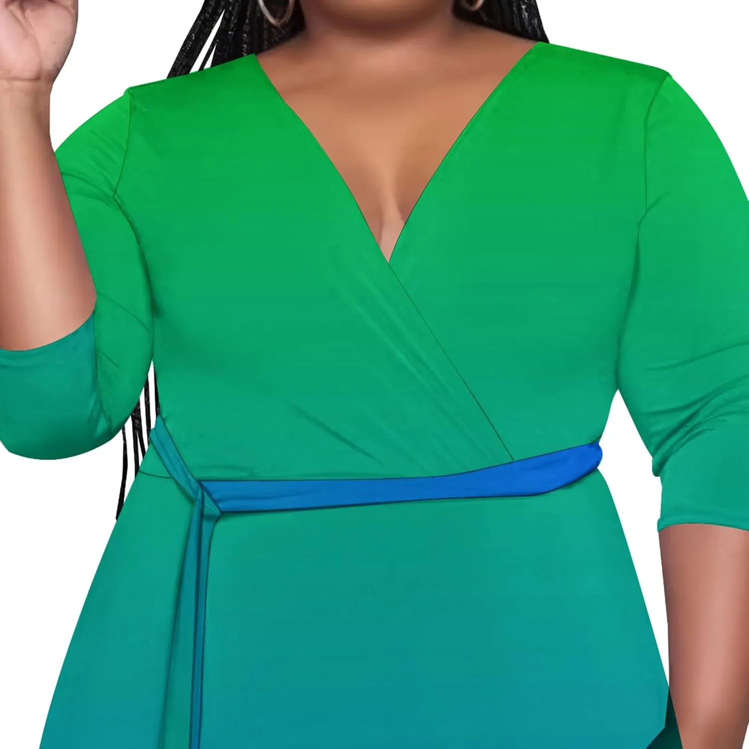 Plus Size Women's Maxi Dress Ombre Casual Maxi Dress Flowing V Neck 3/4 Sleeve Bohemian Fashion Sexy Dress with Belt