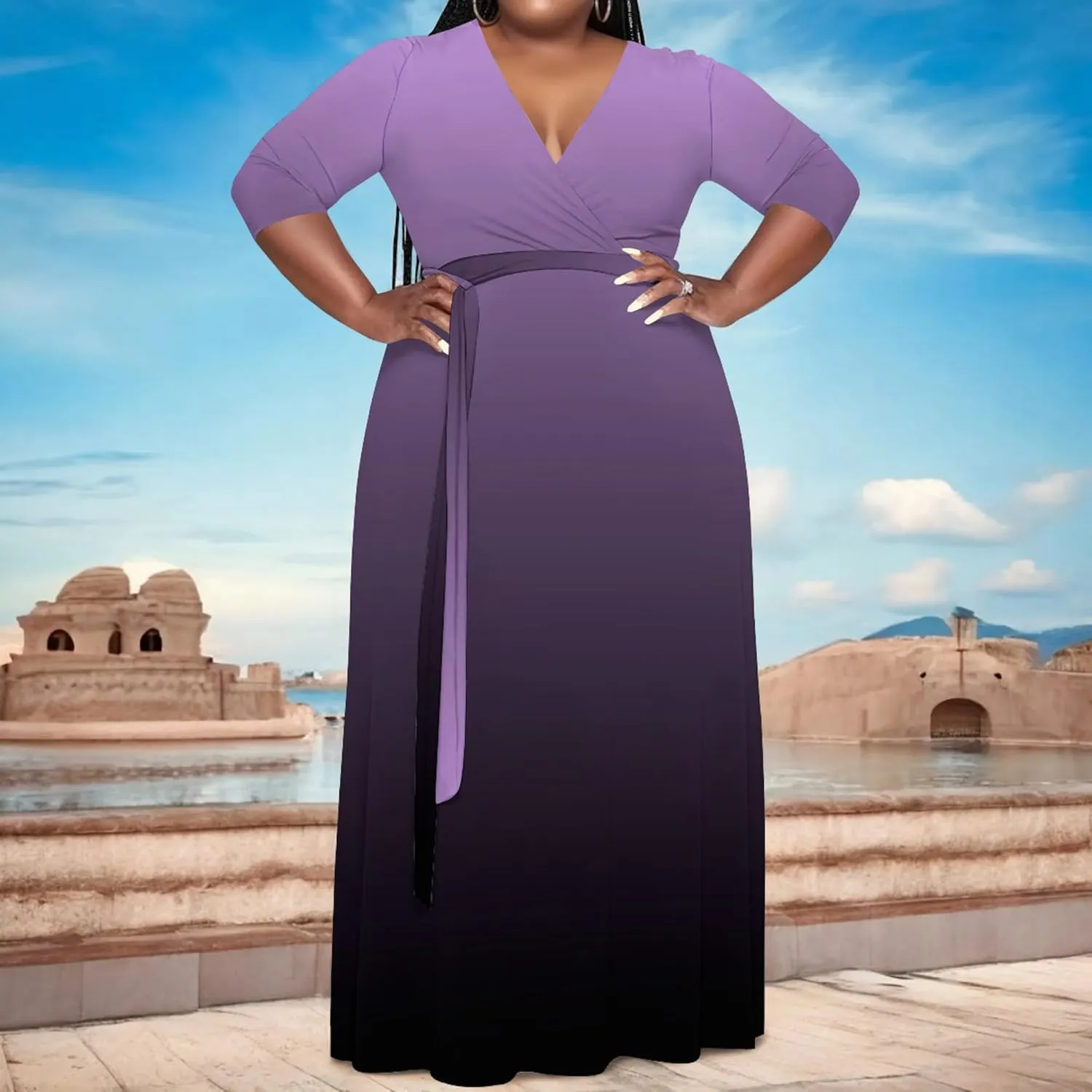 Plus Size Women's Maxi Dress Ombre Casual Maxi Dress Flowing V Neck 3/4 Sleeve Bohemian Fashion Sexy Dress with Belt
