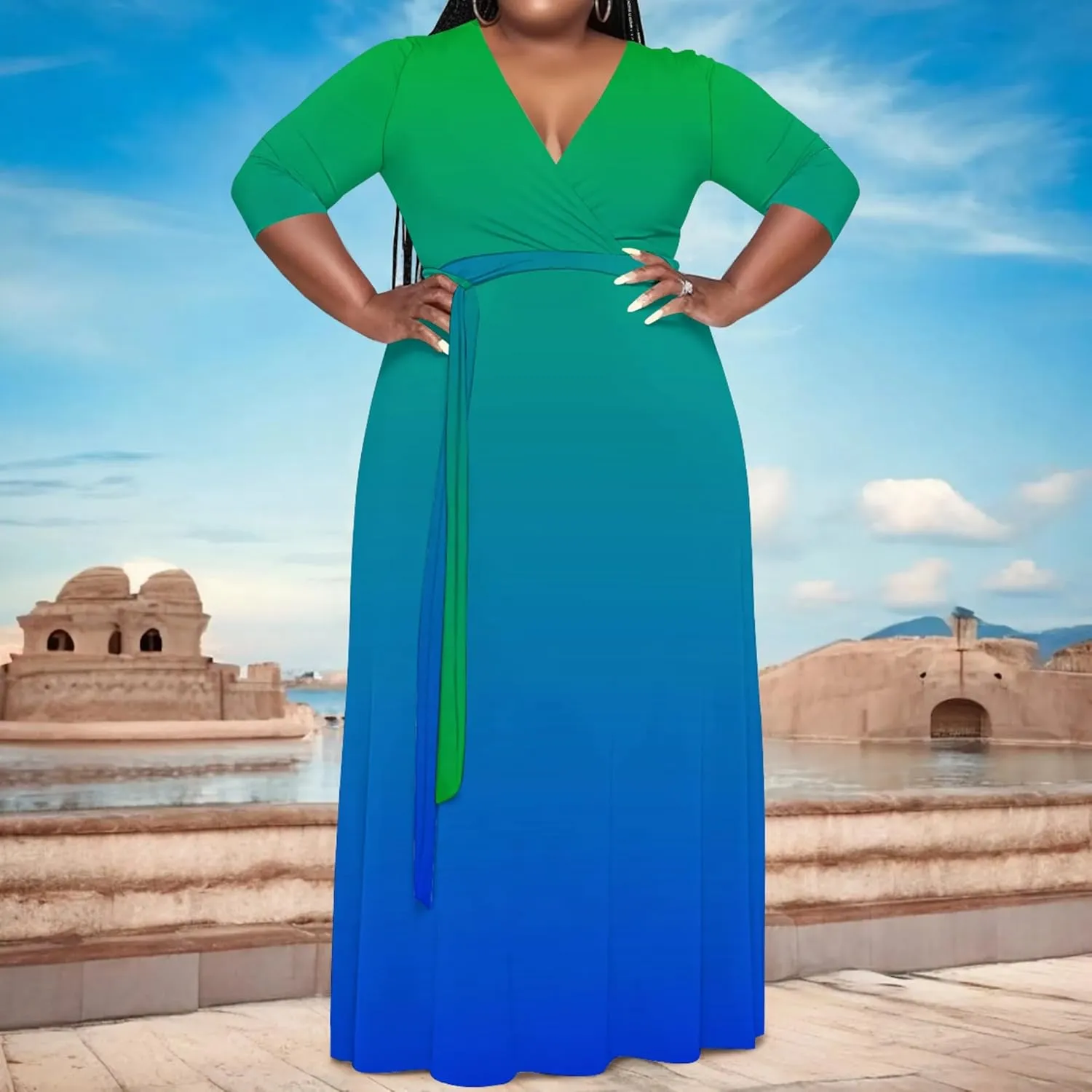 Plus Size Women's Maxi Dress Ombre Casual Maxi Dress Flowing V Neck 3/4 Sleeve Bohemian Fashion Sexy Dress with Belt