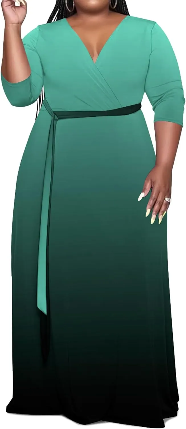 Plus Size Women's Maxi Dress Ombre Casual Maxi Dress Flowing V Neck 3/4 Sleeve Bohemian Fashion Sexy Dress with Belt