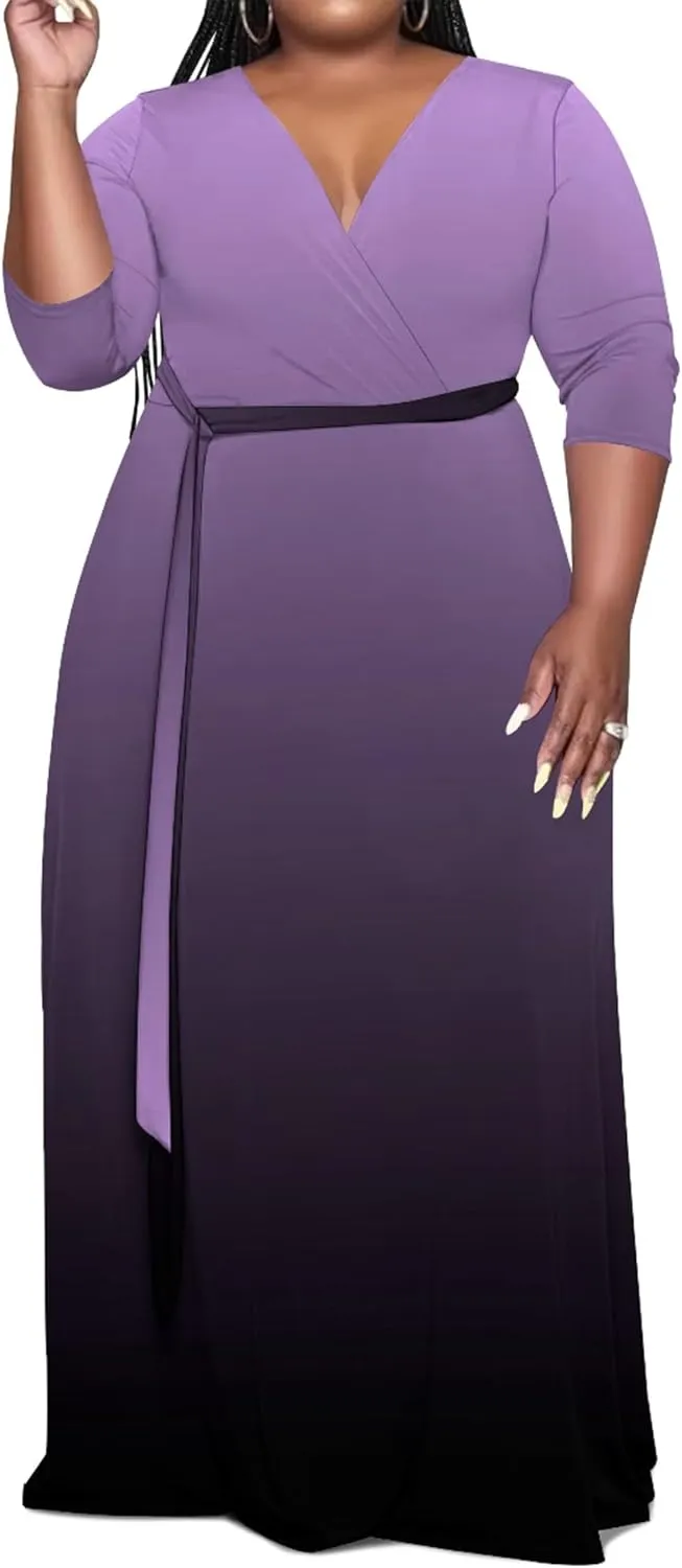 Plus Size Women's Maxi Dress Ombre Casual Maxi Dress Flowing V Neck 3/4 Sleeve Bohemian Fashion Sexy Dress with Belt