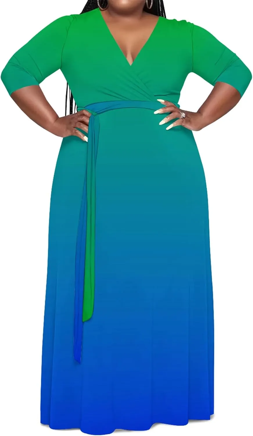 Plus Size Women's Maxi Dress Ombre Casual Maxi Dress Flowing V Neck 3/4 Sleeve Bohemian Fashion Sexy Dress with Belt