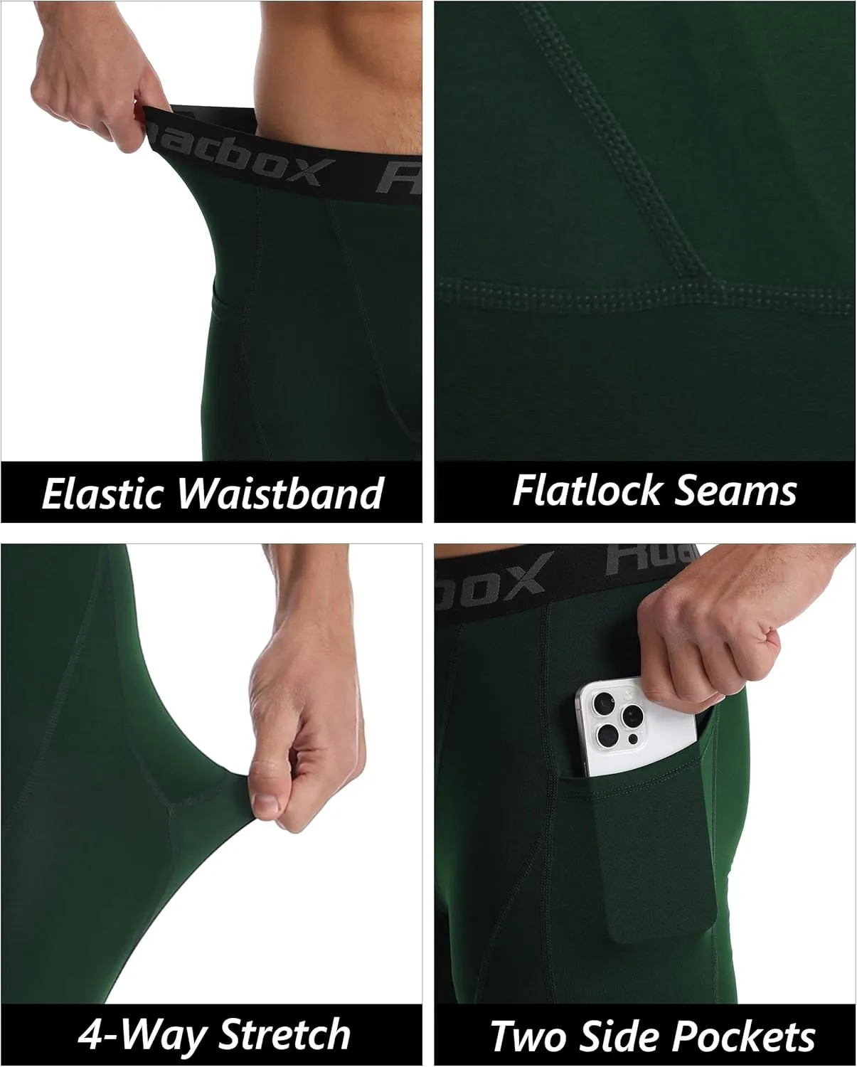 Roadbox 1 or 2 Pack Compression Pants Men, Running Workout Leggings with Pockets, Gym Basketball Athletic Tights Base Layer