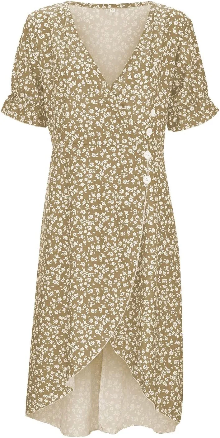 RTPR Beach Wrap Chiffon V Neck Flower Print Short Sleeve, Floral Polka Dot Button Bubble Sleeve Irregular Hem Dress