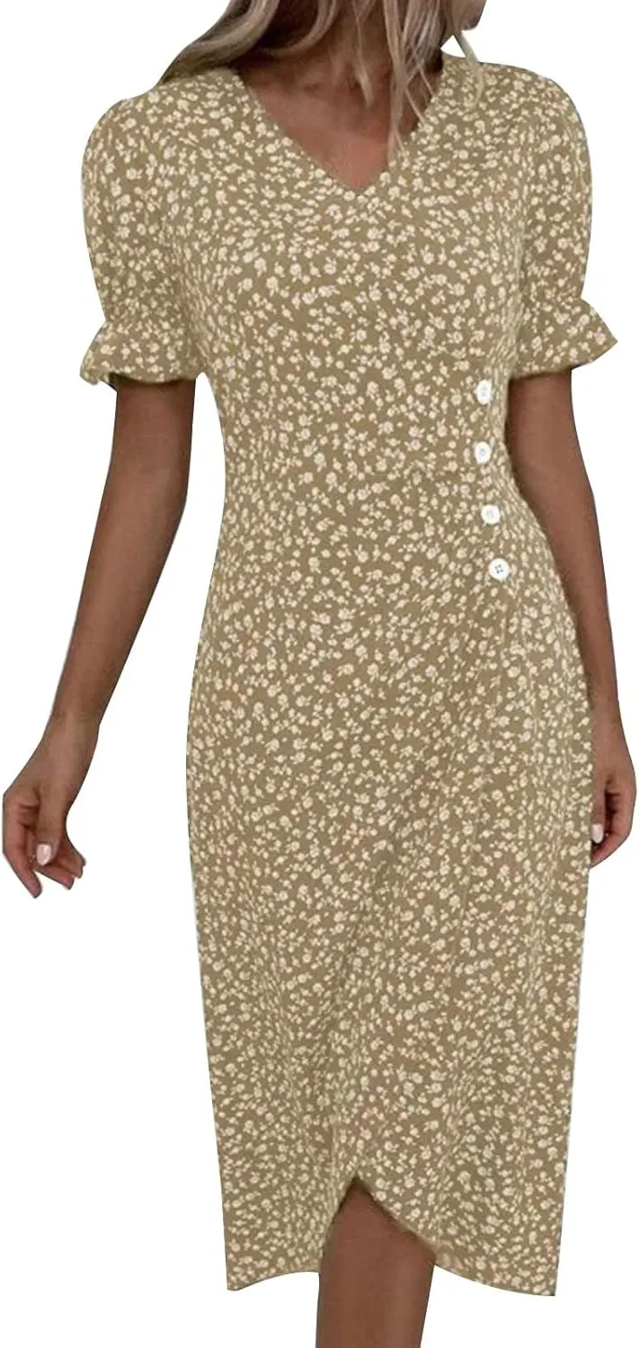 RTPR Beach Wrap Chiffon V Neck Flower Print Short Sleeve, Floral Polka Dot Button Bubble Sleeve Irregular Hem Dress