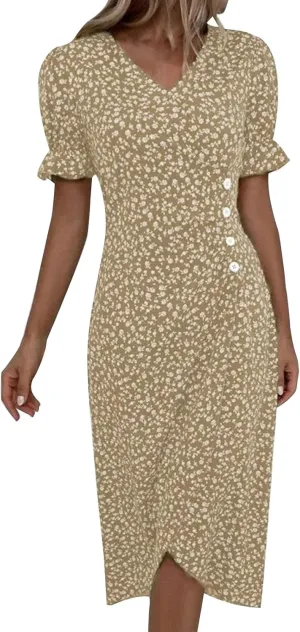 RTPR Beach Wrap Chiffon V Neck Flower Print Short Sleeve, Floral Polka Dot Button Bubble Sleeve Irregular Hem Dress