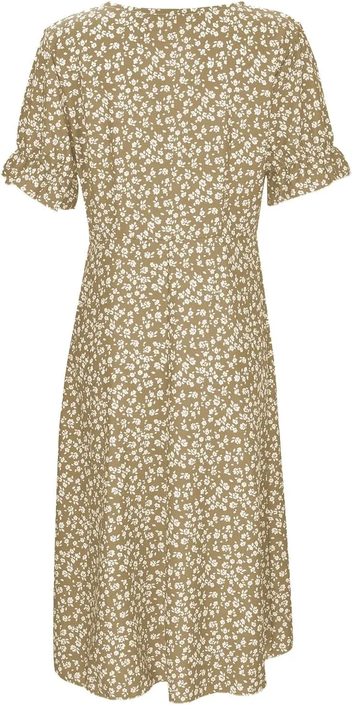 RTPR Beach Wrap Chiffon V Neck Flower Print Short Sleeve, Floral Polka Dot Button Bubble Sleeve Irregular Hem Dress