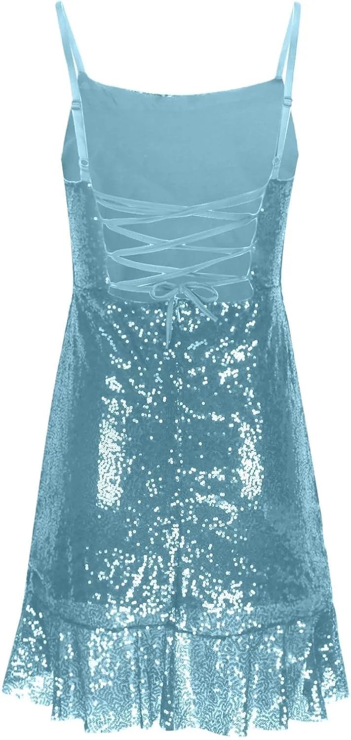 Sequin Cami Dress Women Sexy Sleeveless Strap Mini Dresses Ruched Sparkly Bodycon Sundress Irregular Ruffle Hem Gowns