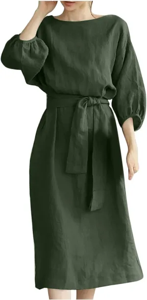SHOPESSA Linen Dresses for Women 2024 Casual Solid Color Work Dress Long Sleeve Tie Waist Knee Length Dress Boho Dress