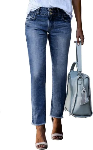 Sidefeel Women's High Waisted Jeans Strechy Spring Fashion Raw Hem Straight Leg Ankle Denim Pants with Pockets