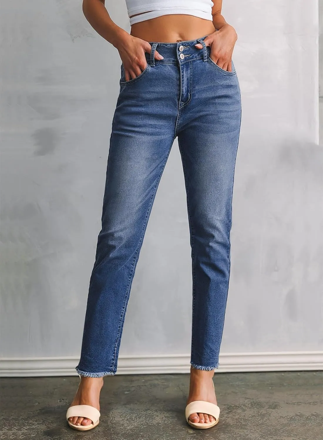 Sidefeel Women's High Waisted Jeans Strechy Spring Fashion Raw Hem Straight Leg Ankle Denim Pants with Pockets