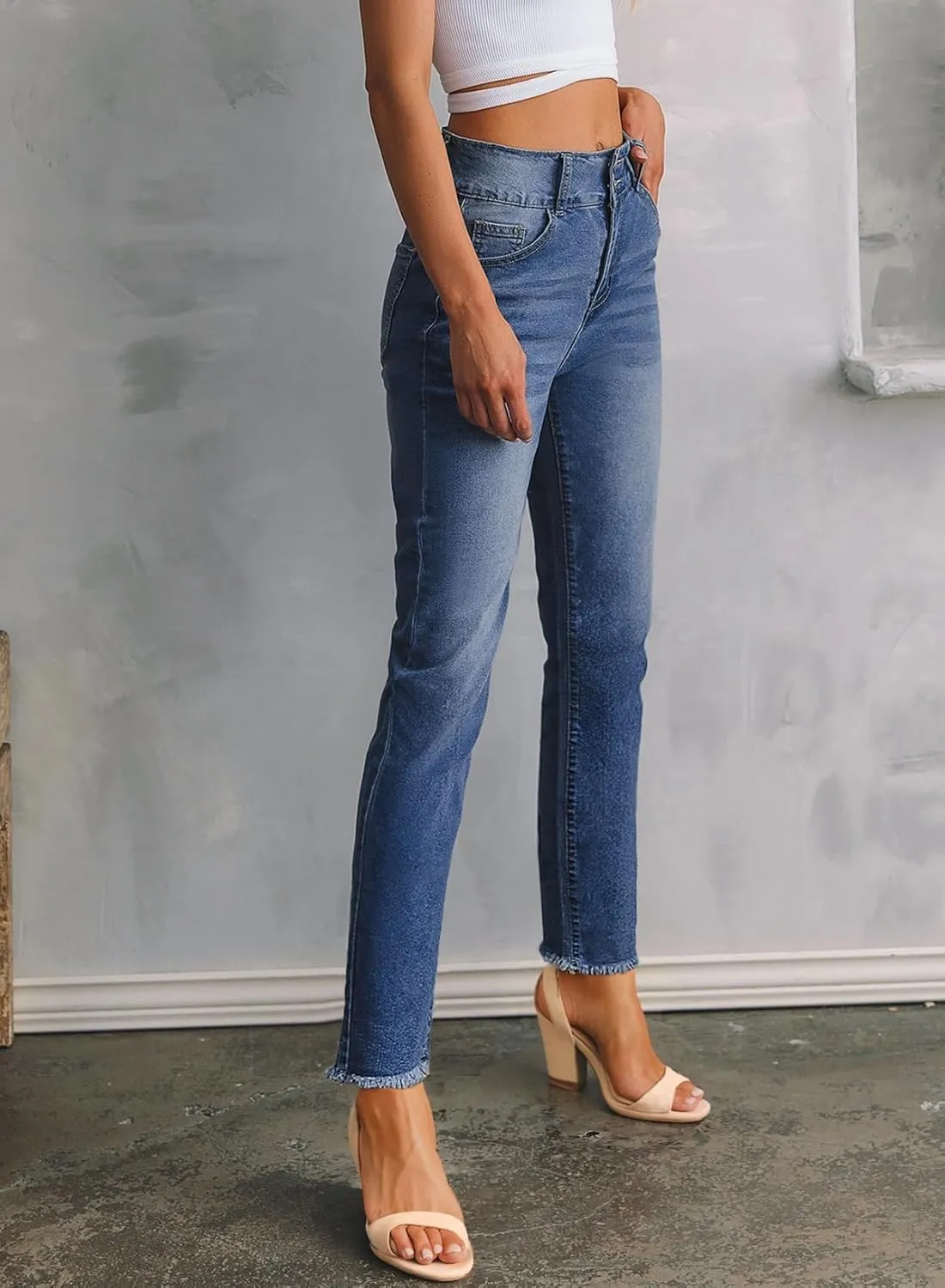 Sidefeel Women's High Waisted Jeans Strechy Spring Fashion Raw Hem Straight Leg Ankle Denim Pants with Pockets