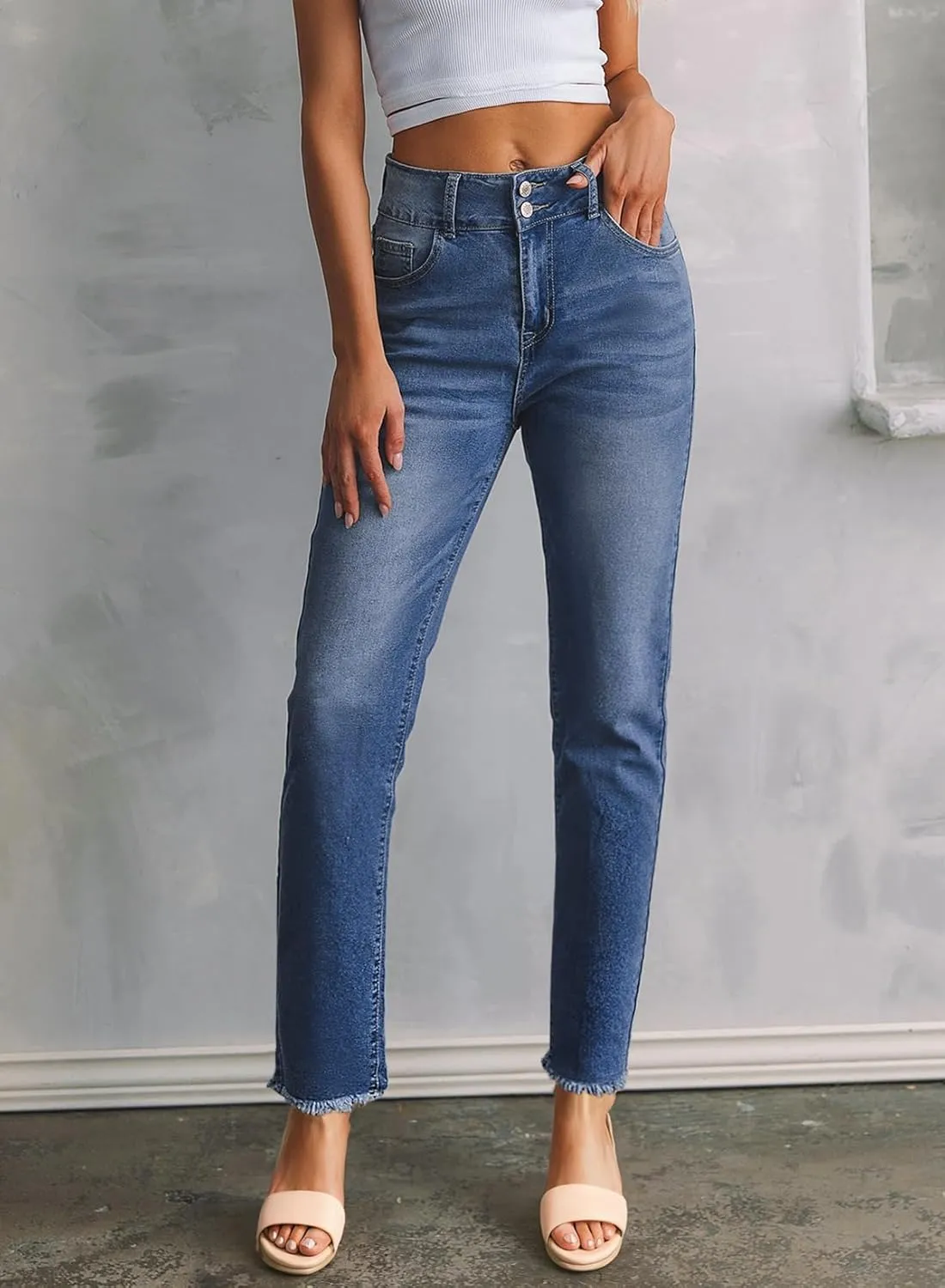 Sidefeel Women's High Waisted Jeans Strechy Spring Fashion Raw Hem Straight Leg Ankle Denim Pants with Pockets