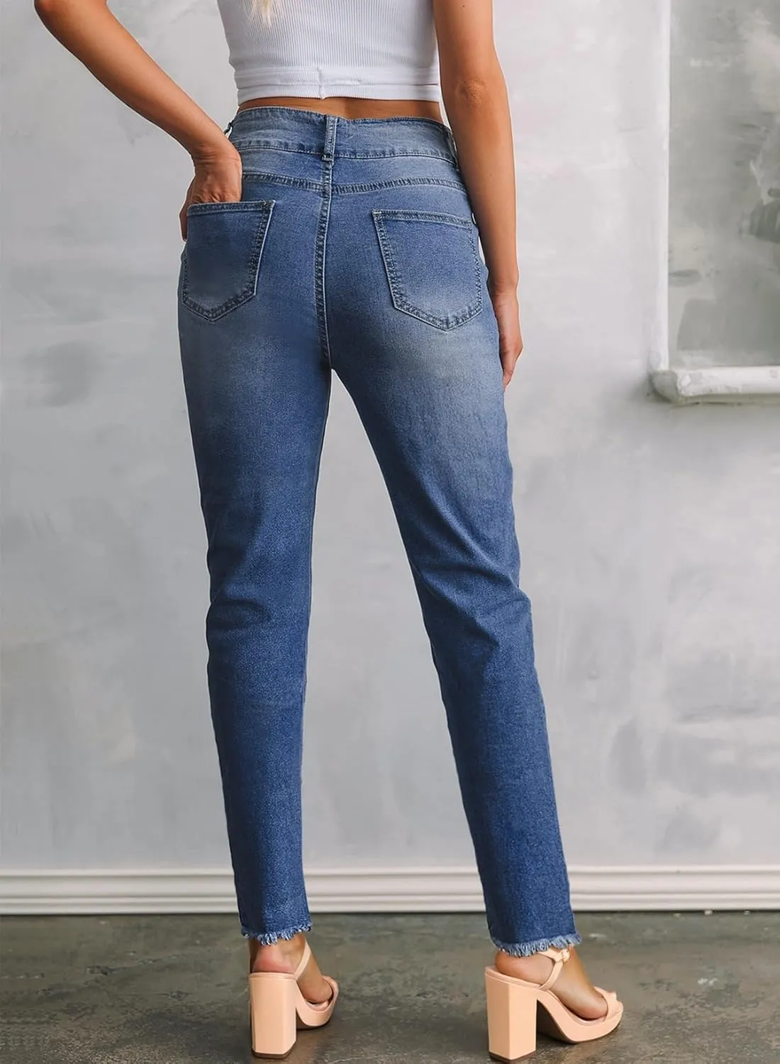 Sidefeel Women's High Waisted Jeans Strechy Spring Fashion Raw Hem Straight Leg Ankle Denim Pants with Pockets