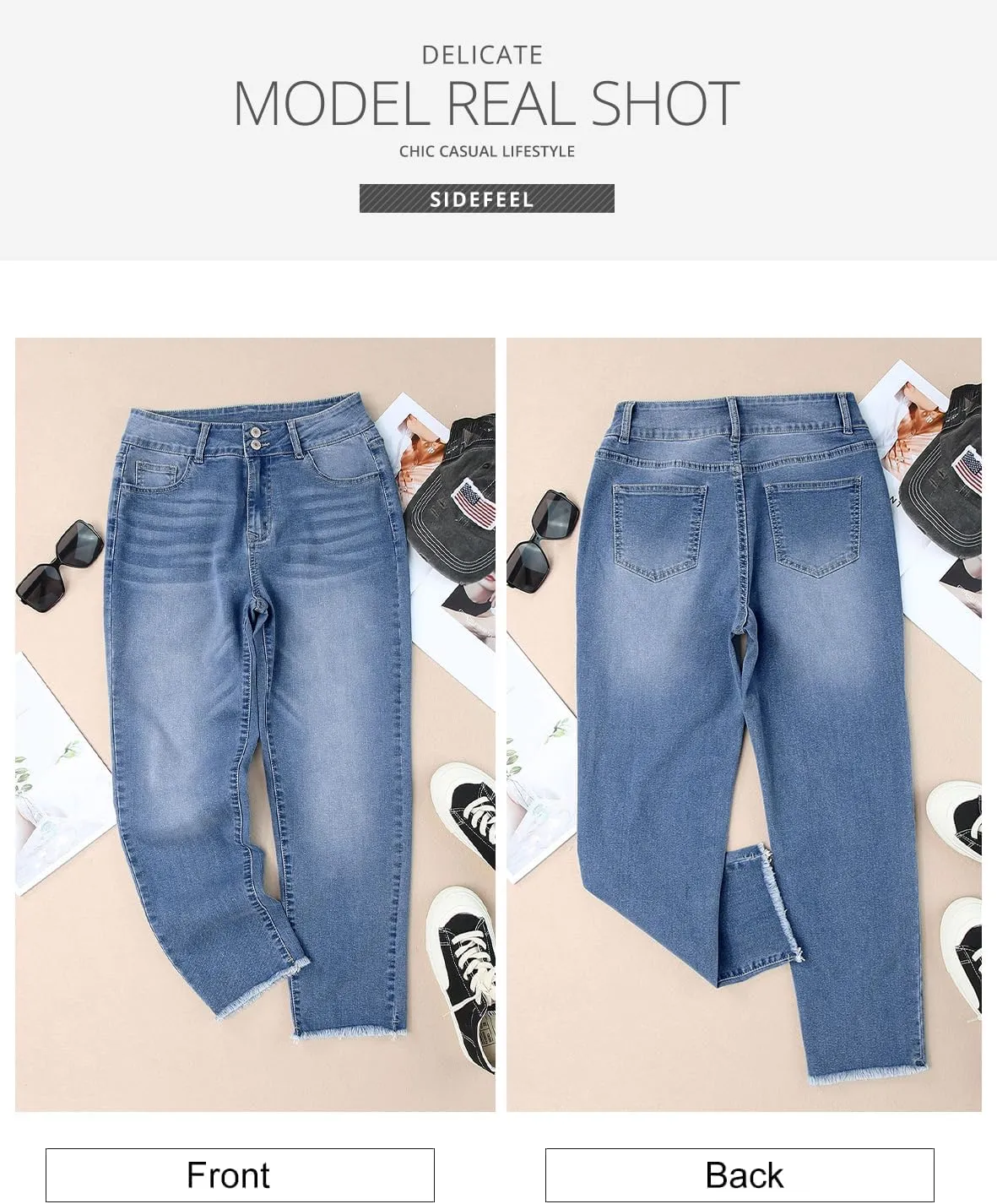 Sidefeel Women's High Waisted Jeans Strechy Spring Fashion Raw Hem Straight Leg Ankle Denim Pants with Pockets