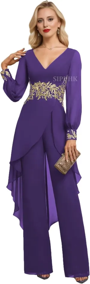 SIPUHK Purple Mother of The Bride Pant Suits for Wedding Flowy Chiffon Applique 2 PCs Evening Dresses for Women Elegant Classy US12