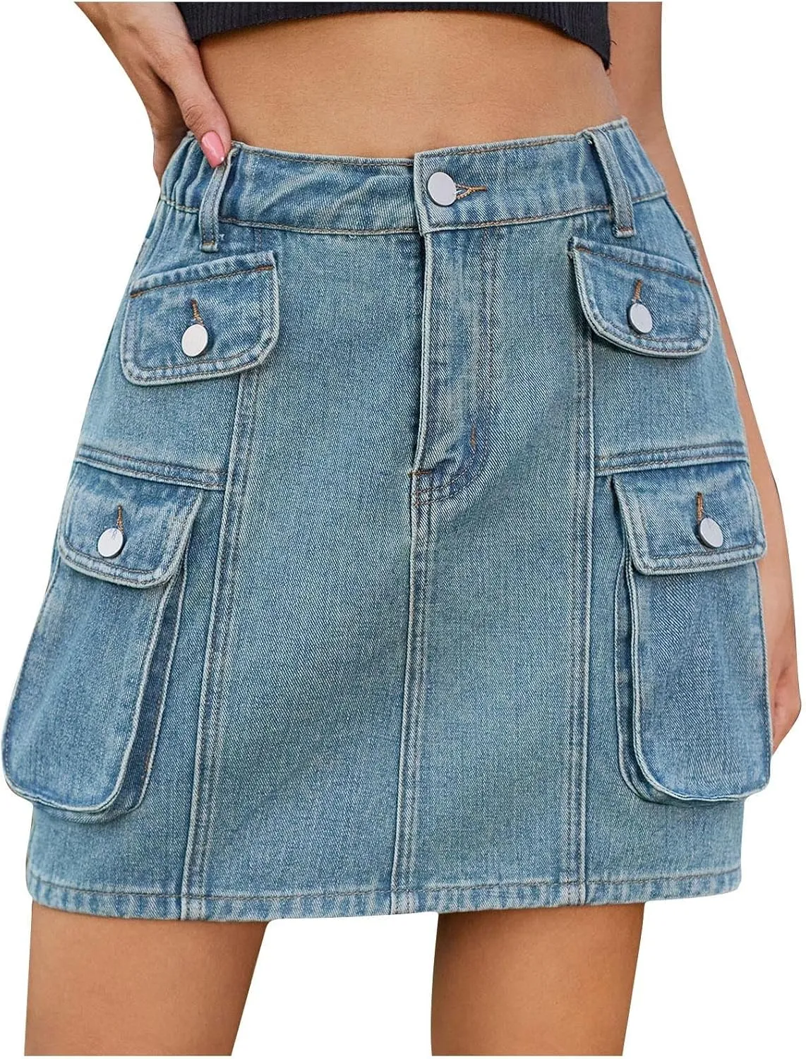 Skorts Skirts for Women Denim Mini Skirt Multiple Pockets Cargo Jean Skirt with High Waisted Jean Shorts Stretchy