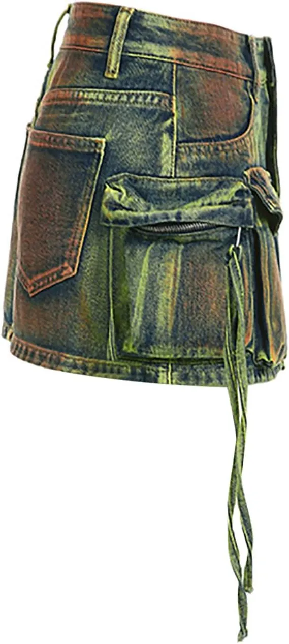 Skorts Skirts for Women Denim Mini Skirt Multiple Pockets Cargo Jean Skirt with High Waisted Jean Shorts Stretchy