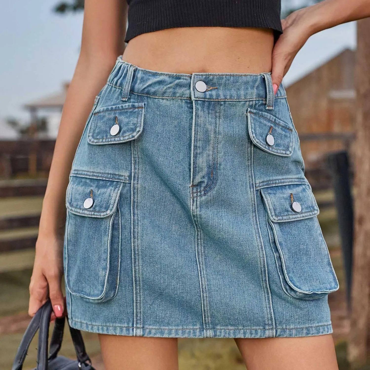 Skorts Skirts for Women Denim Mini Skirt Multiple Pockets Cargo Jean Skirt with High Waisted Jean Shorts Stretchy