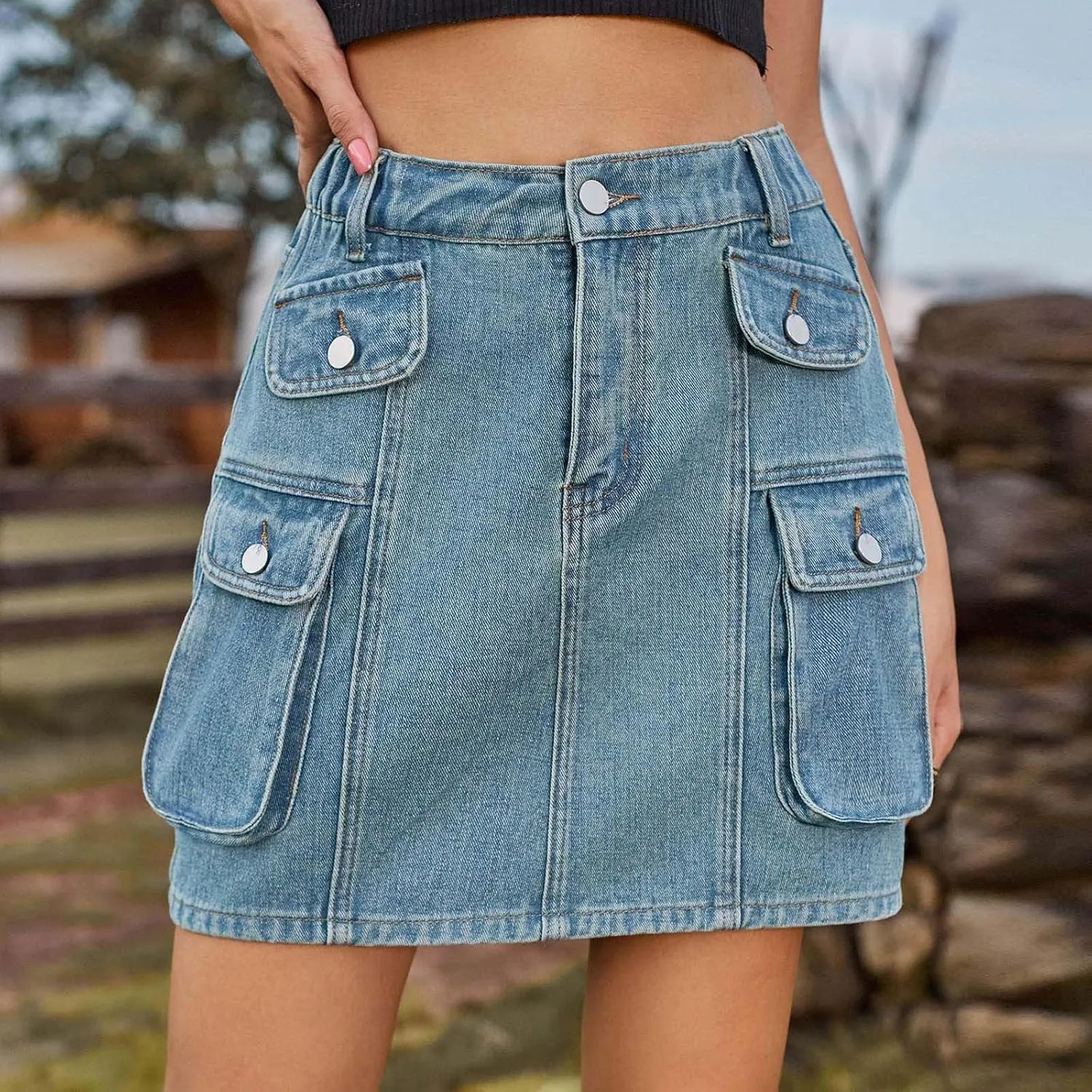 Skorts Skirts for Women Denim Mini Skirt Multiple Pockets Cargo Jean Skirt with High Waisted Jean Shorts Stretchy