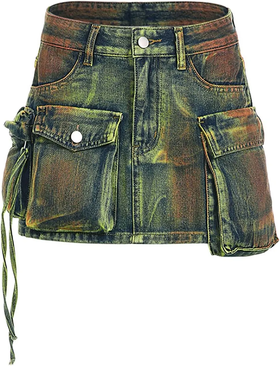 Skorts Skirts for Women Denim Mini Skirt Multiple Pockets Cargo Jean Skirt with High Waisted Jean Shorts Stretchy