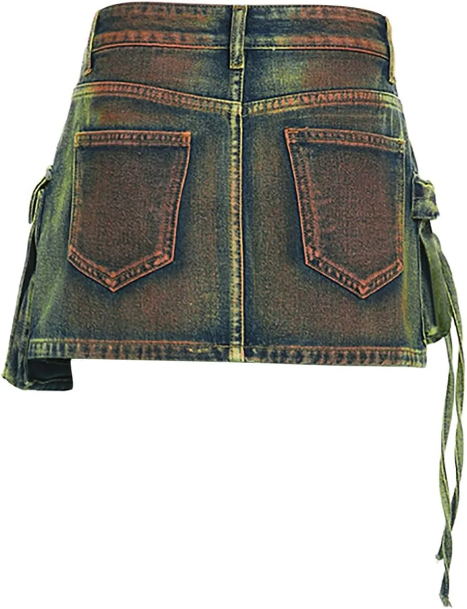 Skorts Skirts for Women Denim Mini Skirt Multiple Pockets Cargo Jean Skirt with High Waisted Jean Shorts Stretchy