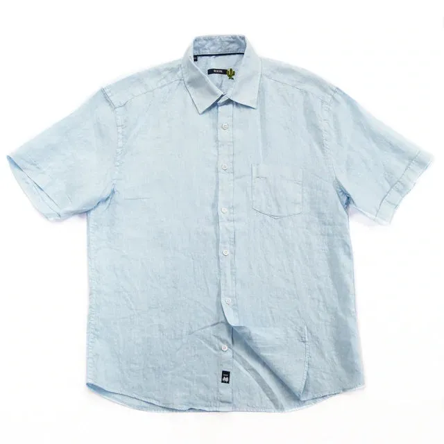 Solid Linen Classic Collar Short Sleeve Shirt (Pale Blue)
