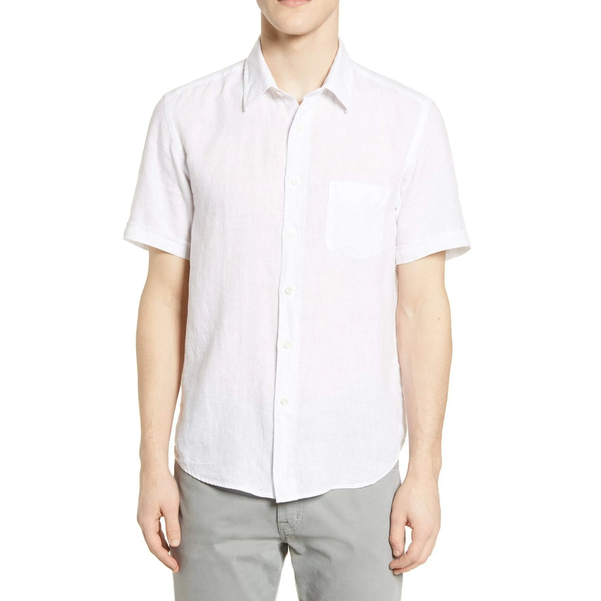 Solid Linen Classic Collar Short Sleeve Shirt (White)