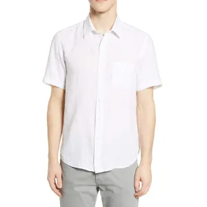 Solid Linen Classic Collar Short Sleeve Shirt (White)