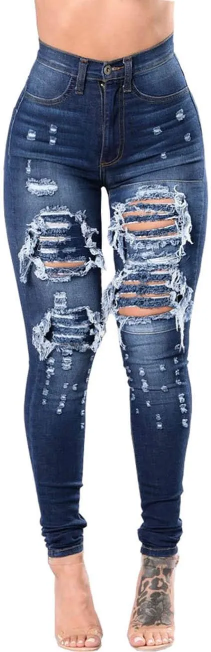 SOMTHRON Women's High Rise Distressed Slim Punk Denim Jeans High Waist Skinny Destroyed Ripped Pencil Jeans Pants