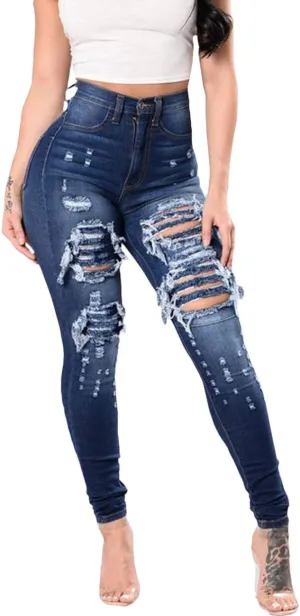 SOMTHRON Women's High Rise Distressed Slim Punk Denim Jeans High Waist Skinny Destroyed Ripped Pencil Jeans Pants
