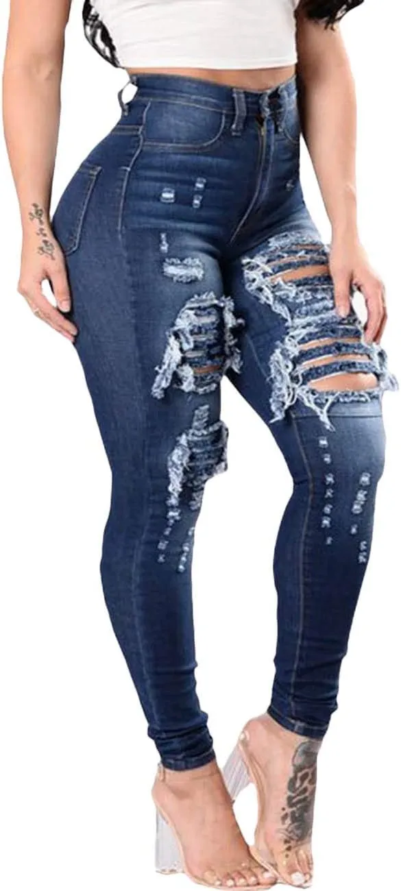 SOMTHRON Women's High Rise Distressed Slim Punk Denim Jeans High Waist Skinny Destroyed Ripped Pencil Jeans Pants