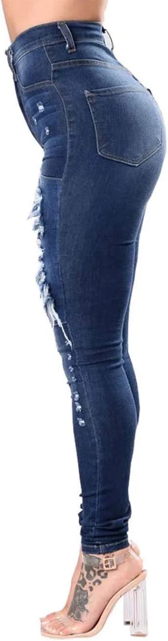 SOMTHRON Women's High Rise Distressed Slim Punk Denim Jeans High Waist Skinny Destroyed Ripped Pencil Jeans Pants