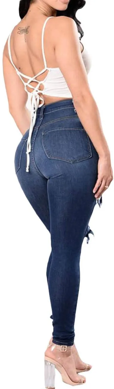 SOMTHRON Women's High Rise Distressed Slim Punk Denim Jeans High Waist Skinny Destroyed Ripped Pencil Jeans Pants