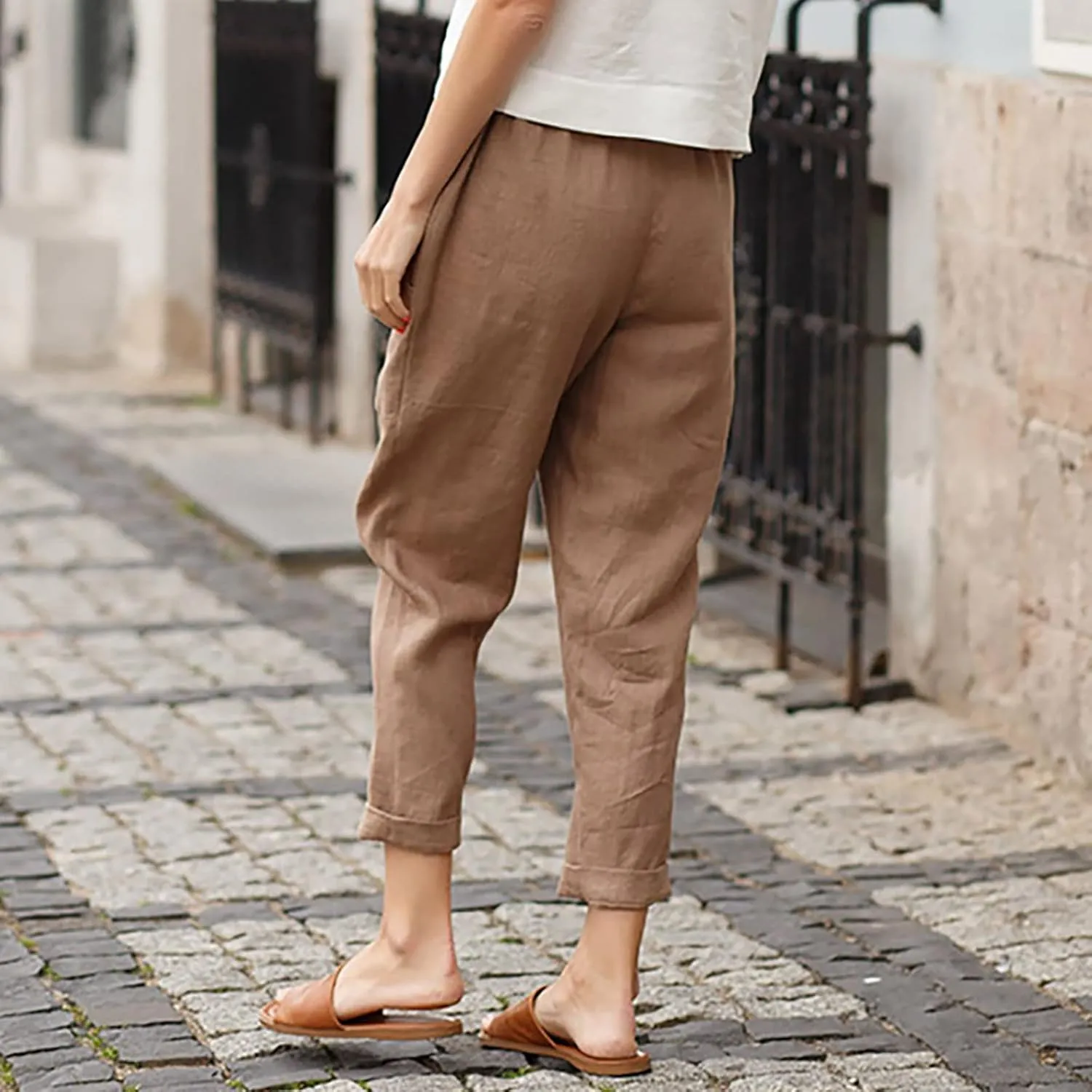 Summer Cotton Linen Pants Women Trendy Ankle Trousers High Waist Cozy Beach Pants Loose Fit Linen Straight Leg Pants