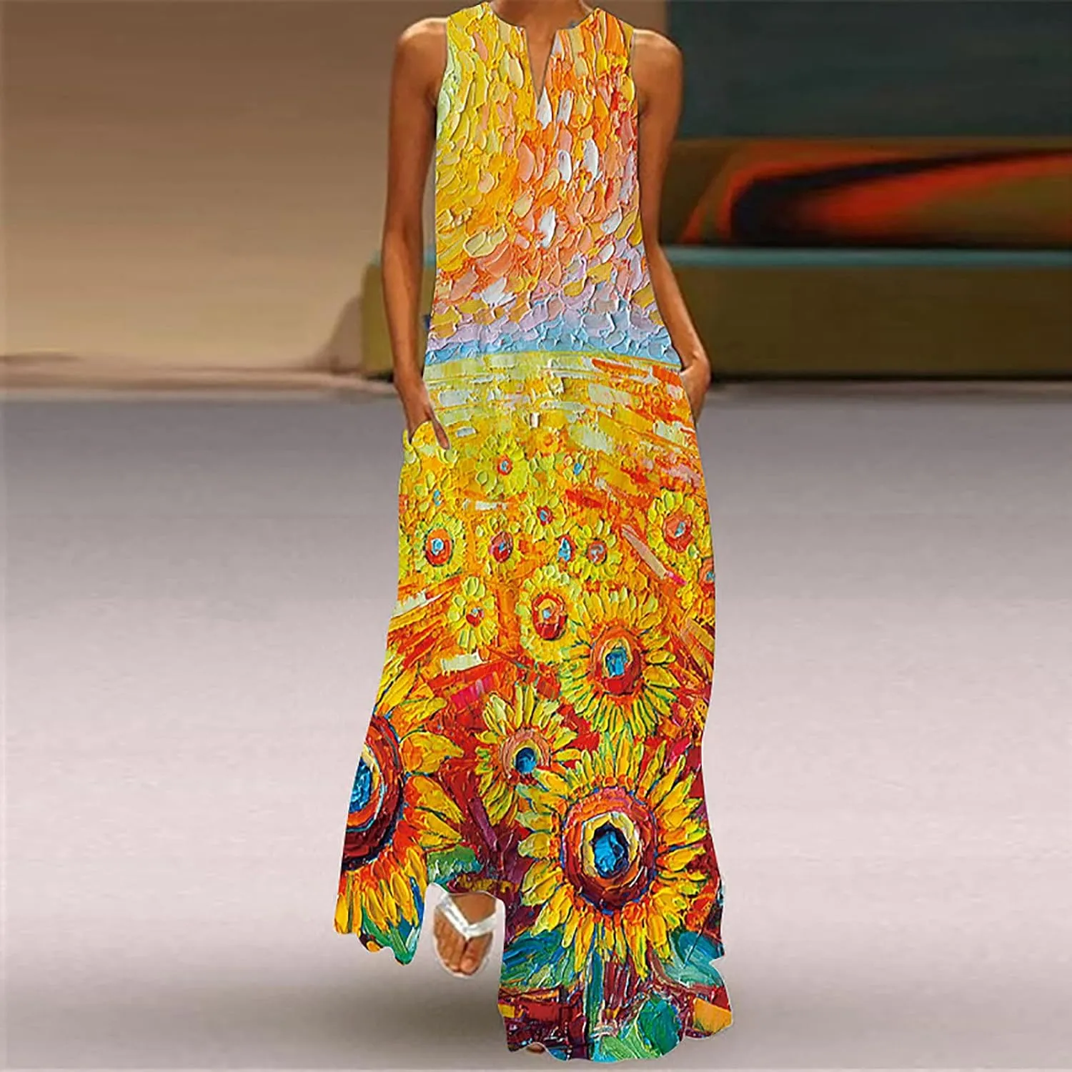 Summer Dresses for Women 2024 Casual Loose Sundress Sleeveless Floral Print Maxi Dresses V Neck Beach Dress