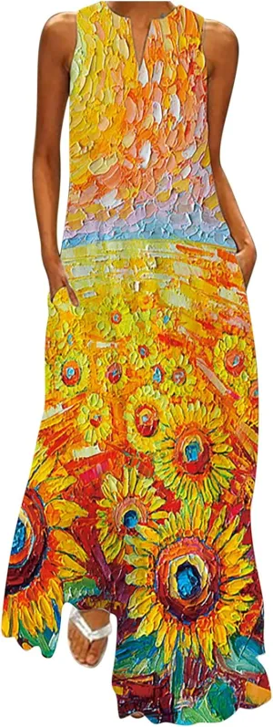 Summer Dresses for Women 2024 Casual Loose Sundress Sleeveless Floral Print Maxi Dresses V Neck Beach Dress