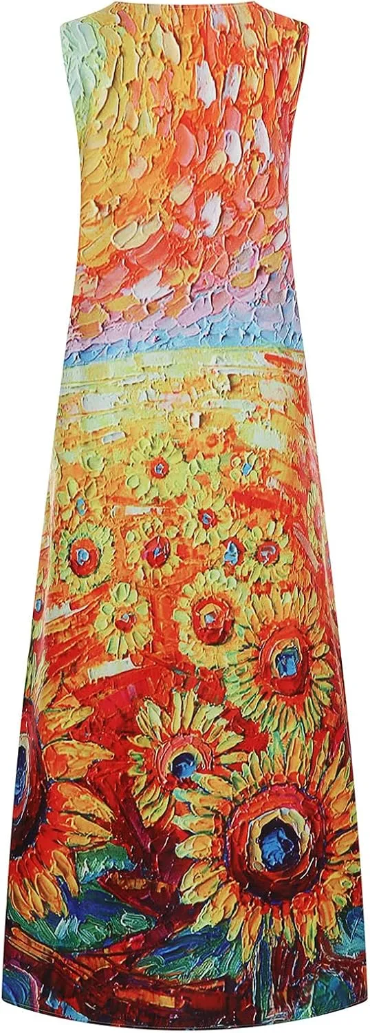 Summer Dresses for Women 2024 Casual Loose Sundress Sleeveless Floral Print Maxi Dresses V Neck Beach Dress