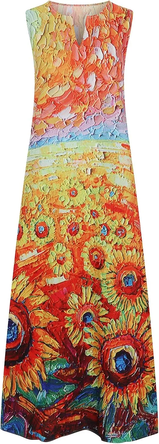 Summer Dresses for Women 2024 Casual Loose Sundress Sleeveless Floral Print Maxi Dresses V Neck Beach Dress