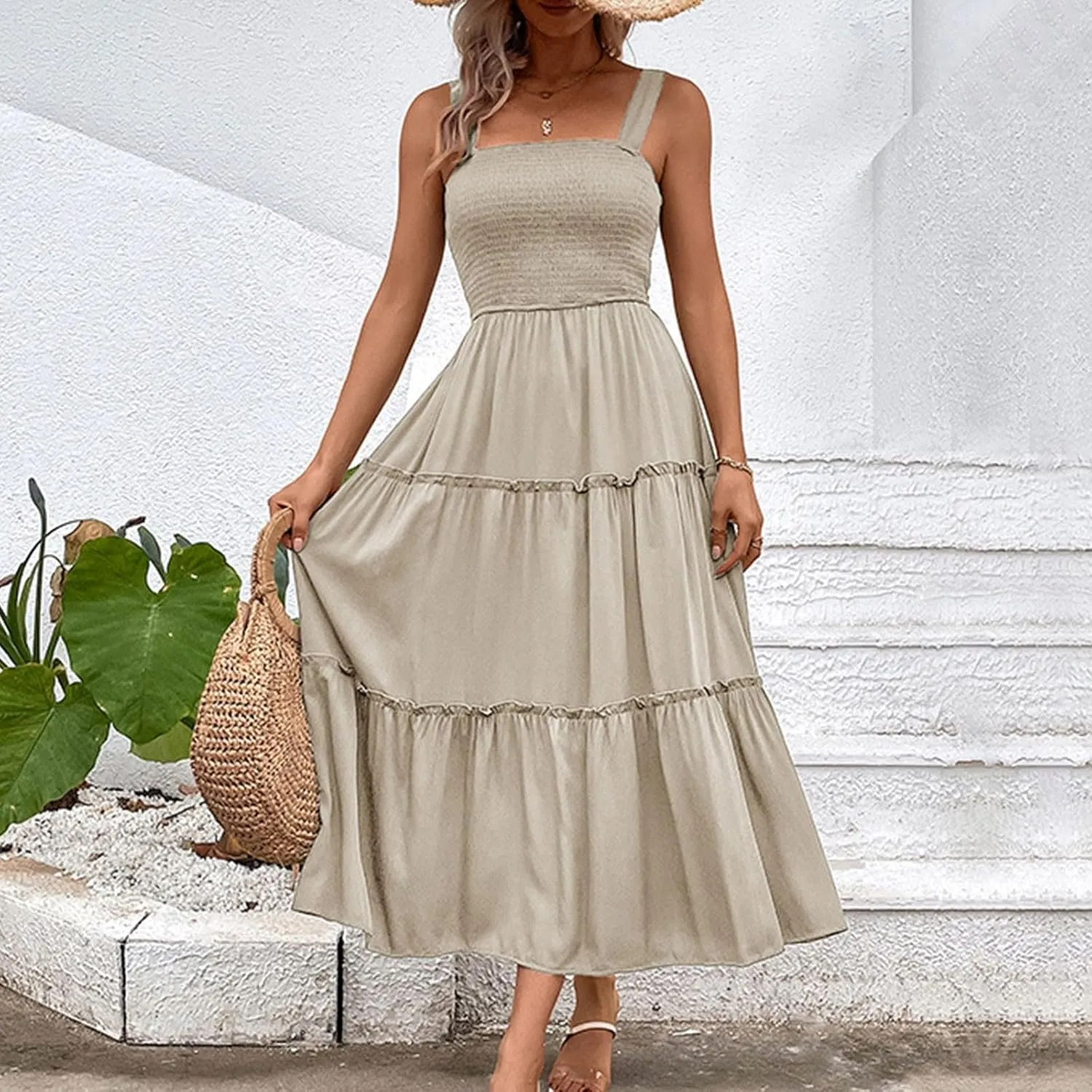 Summer Dresses for Women 2024 Casual Solid Color Maxi Sun Dress Sexy Slip Dress Trendy Summer Vacation Outfits