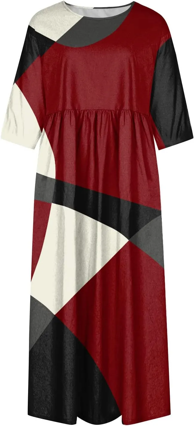 Summer Dresses for Women 2024 Pleated Printed Maxi Dress Short Sleeve Pocket Dresses Round Neck Comfy Beach Dress