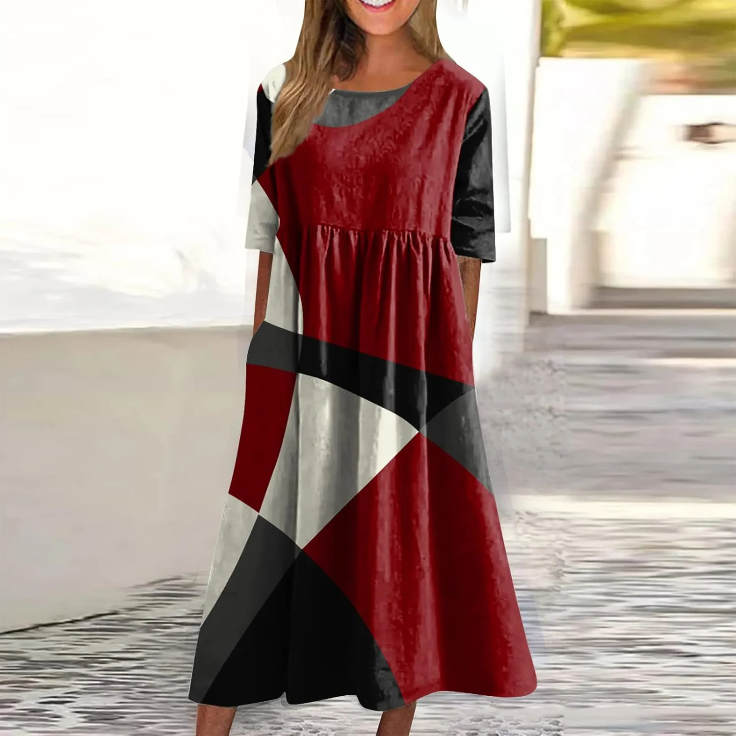 Summer Dresses for Women 2024 Pleated Printed Maxi Dress Short Sleeve Pocket Dresses Round Neck Comfy Beach Dress