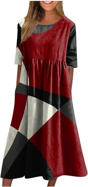 Summer Dresses for Women 2024 Pleated Printed Maxi Dress Short Sleeve Pocket Dresses Round Neck Comfy Beach Dress