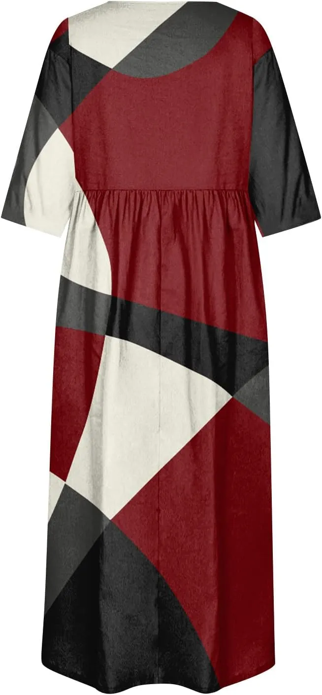 Summer Dresses for Women 2024 Pleated Printed Maxi Dress Short Sleeve Pocket Dresses Round Neck Comfy Beach Dress