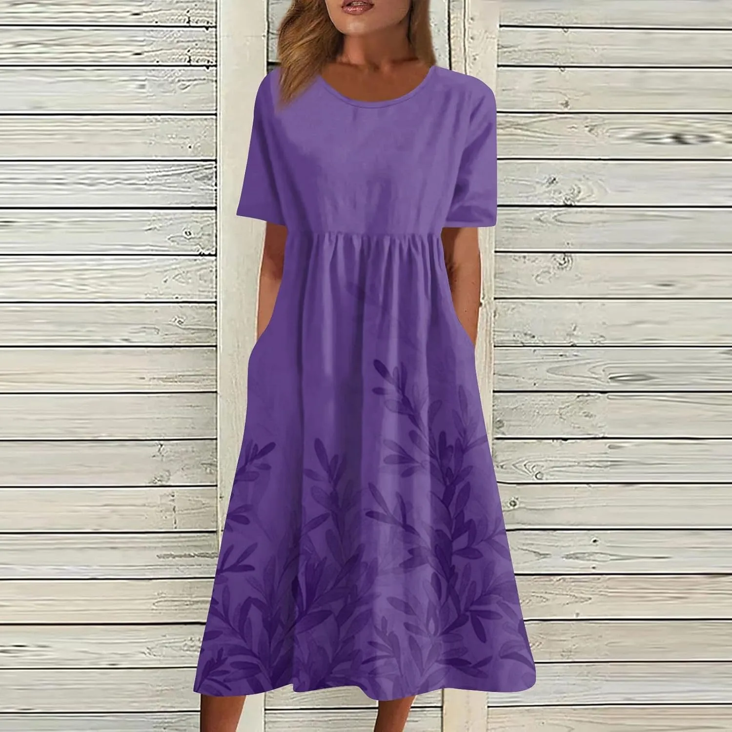 Summer Dresses for Women 2024 Pocket Pleated Beach Dress Short Sleeve Printed Dresses Round Neck Casual Maxi Dress