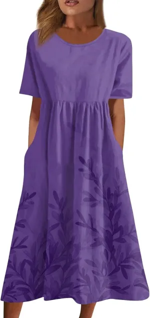 Summer Dresses for Women 2024 Pocket Pleated Beach Dress Short Sleeve Printed Dresses Round Neck Casual Maxi Dress