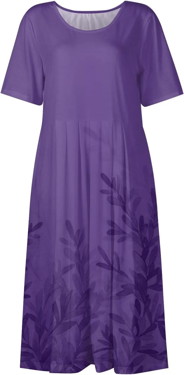 Summer Dresses for Women 2024 Pocket Pleated Beach Dress Short Sleeve Printed Dresses Round Neck Casual Maxi Dress