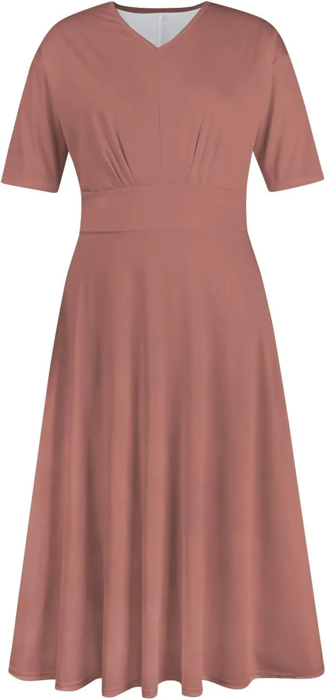 Summer Dresses for Women 2024, Women's Waisted Solid Color Casual Long Dress Plus Size Short Sleeve V-Neck Dresses