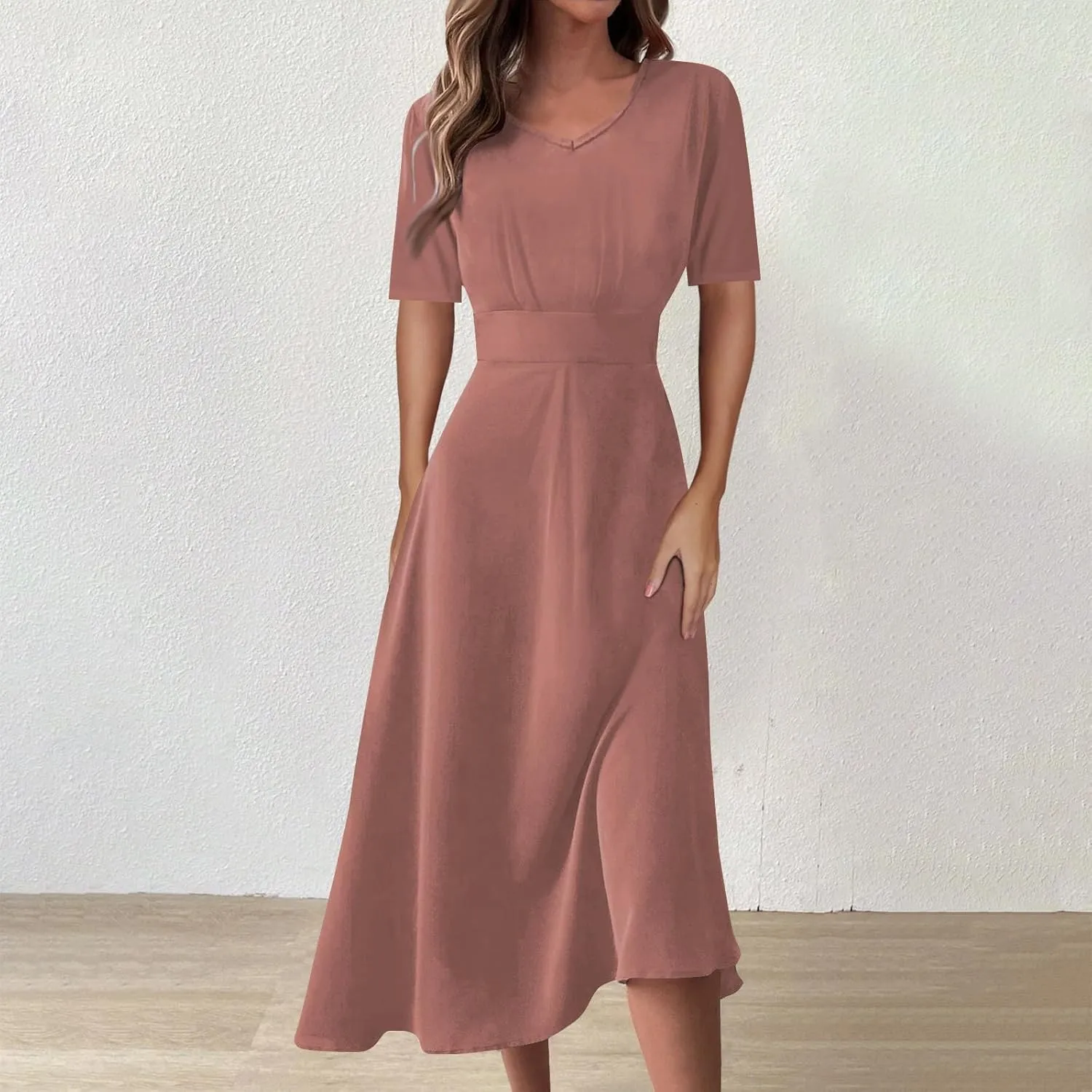 Summer Dresses for Women 2024, Women's Waisted Solid Color Casual Long Dress Plus Size Short Sleeve V-Neck Dresses