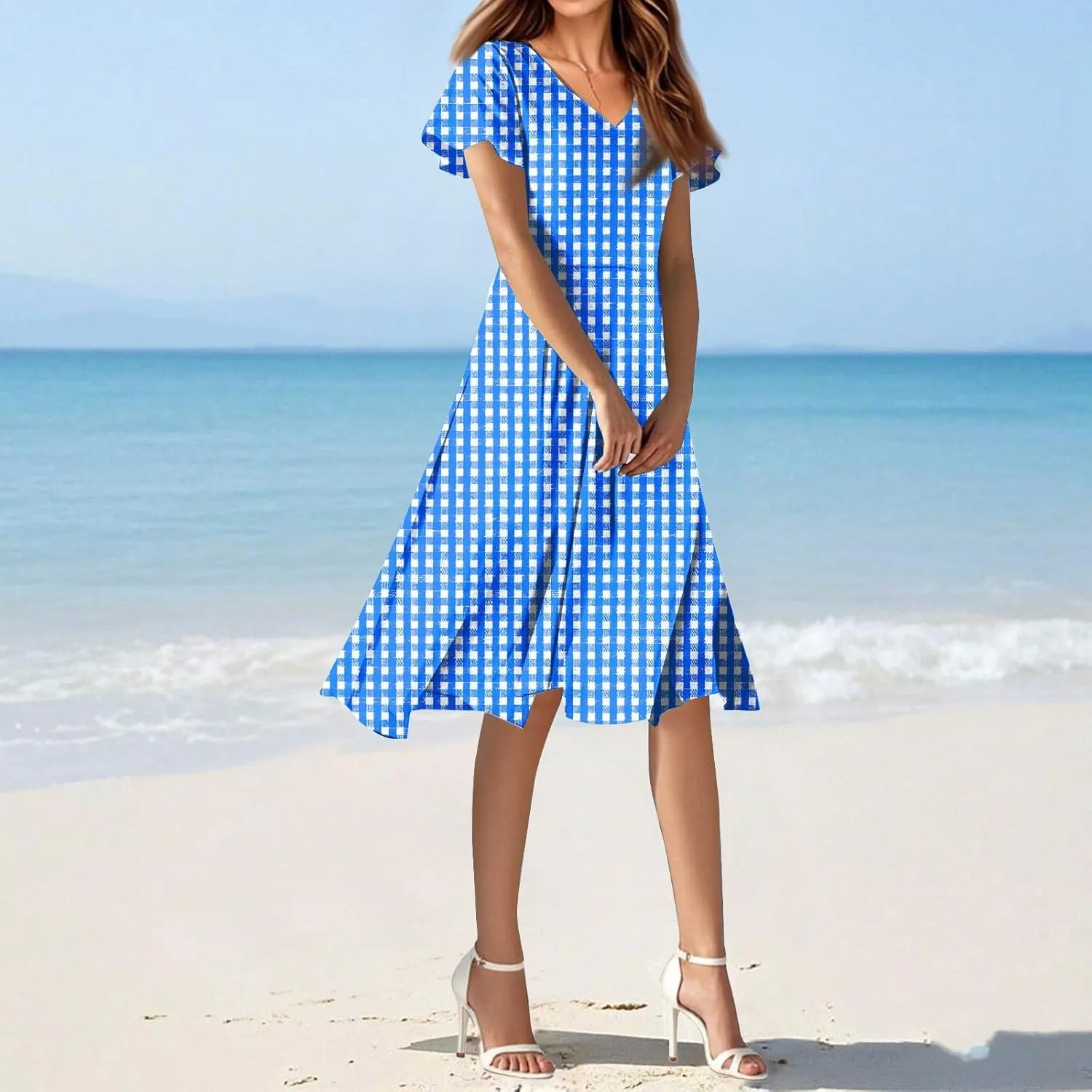 Summer Dresses for Women 2025 Short Sleeve Casual Floral Mide Dresses V-Neck Floral Beach Vacation Party Dress